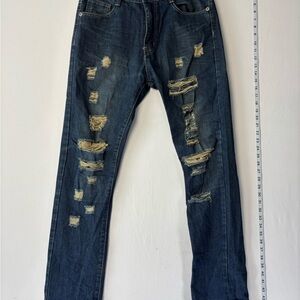 Streetwear thashed M.Society Men Size 32x32 Slim Straight Fit, Dark Blue Denim